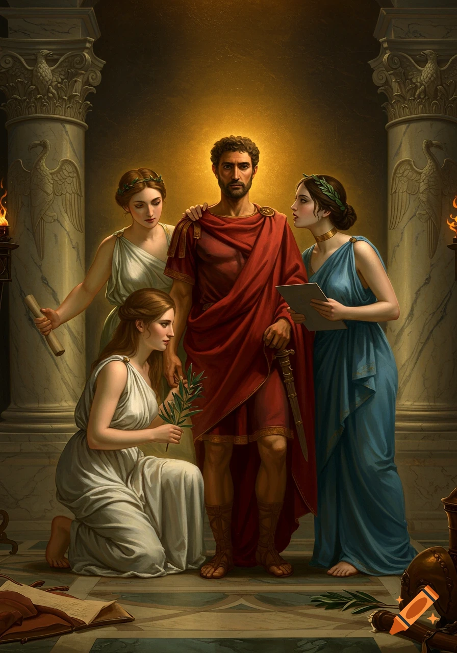 A man in a red toga stands illuminated, flanked by three women in classical white and blue drapery in a Roman setting.