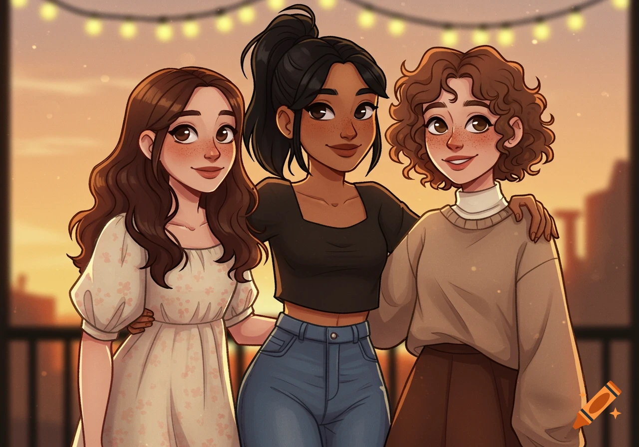 Digital illustration of three diverse young women, friends, smiling together at sunset with fairy lights.