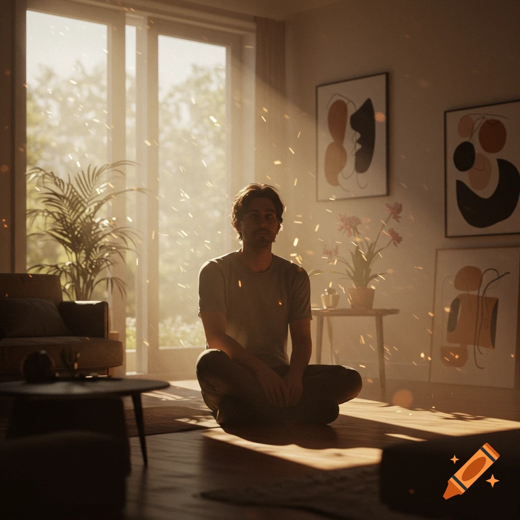A man sits cross-legged on the floor in a sunlit room filled with dust motes. Plants and abstract art adorn the peaceful interior.