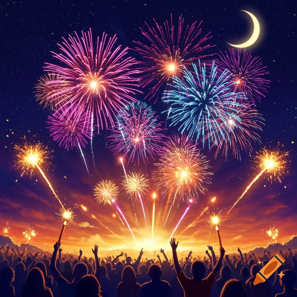 A silhouetted crowd cheers as colorful fireworks explode in the night sky with a crescent moon and a sunset glow.