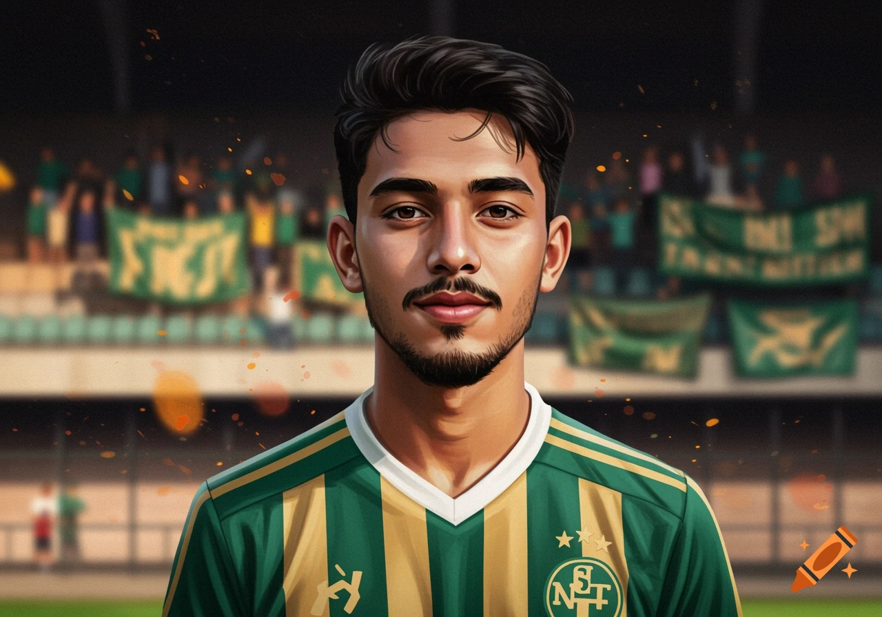 A young man with dark hair and a thin mustache, wearing a green and gold striped football jersey, stands in a blurred stadium.