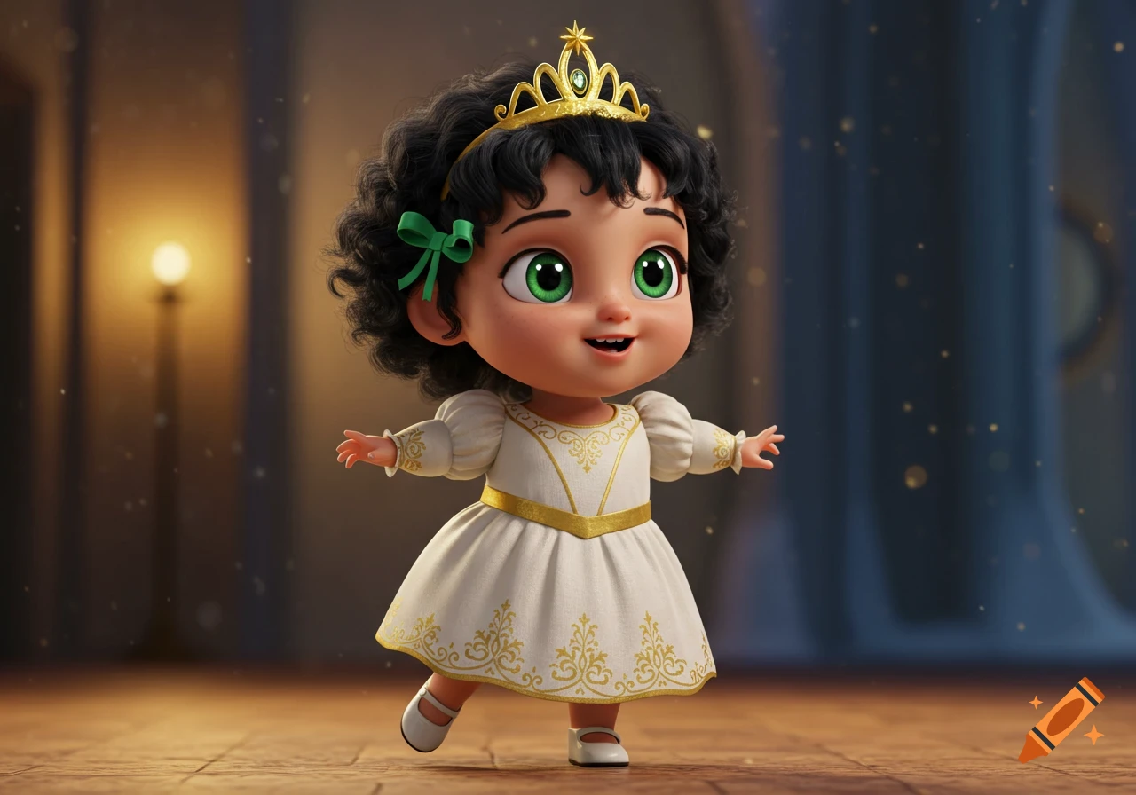 Cute 3D cartoon baby girl with black curly hair and green eyes, wearing a white and gold princess gown and golden tiara.
