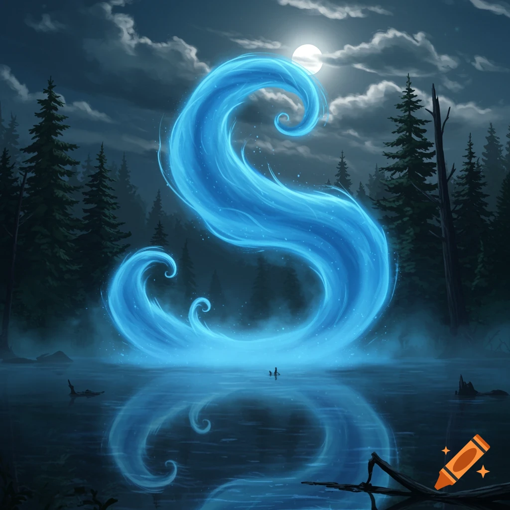 A large, glowing blue letter 'S' made of mist or smoke, hovering over a calm lake at night with a full moon and pine trees.