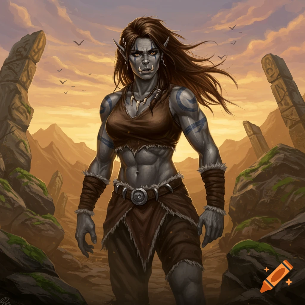 A formidable female orc with grey skin and blue tattoos stands in a desert landscape under an orange sunset.