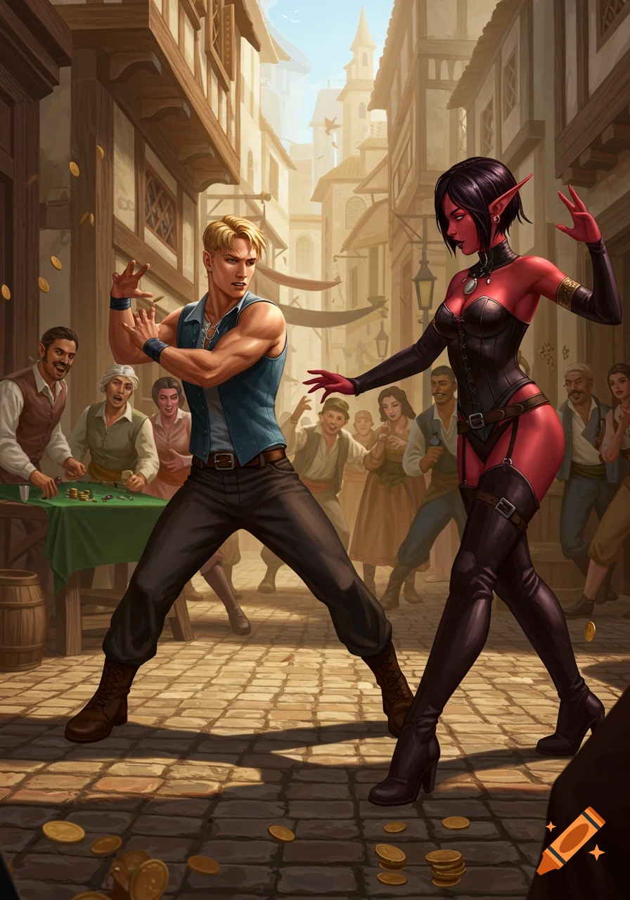 Digital painting of a blonde man and a red-skinned elf woman in a fantasy town street, surrounded by cheering onlookers and gamblers.