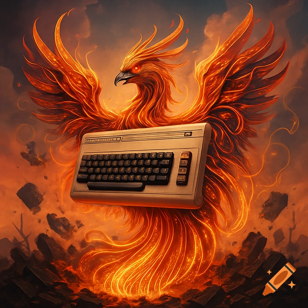 A vibrant, fiery phoenix rising from smoky ashes, with a vintage Commodore 64 computer floating in front of its chest.