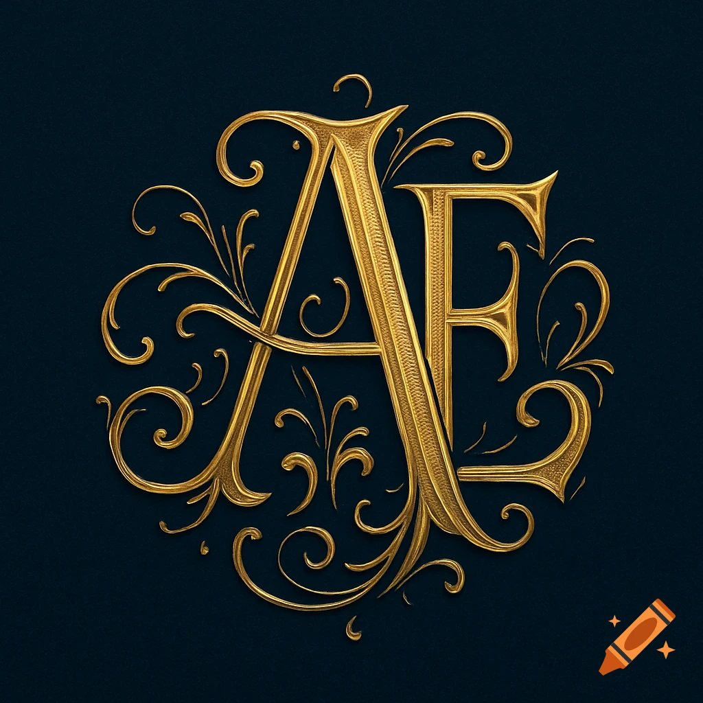 Ornate golden monogram of letters A and E on a dark blue background.