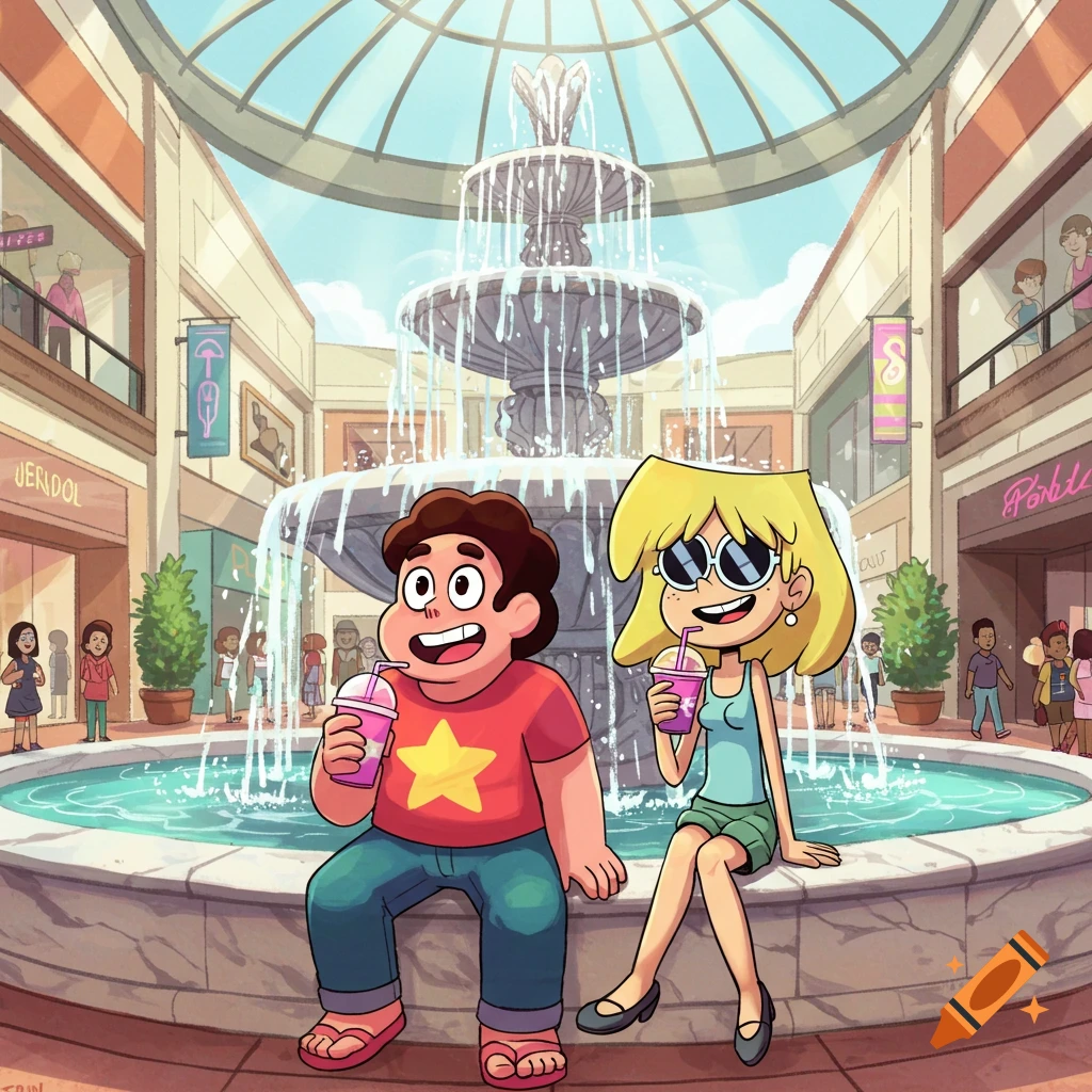 A cartoon illustration of Steven Universe and Lori Loud sitting by a large fountain in a mall, both holding pink smoothies.