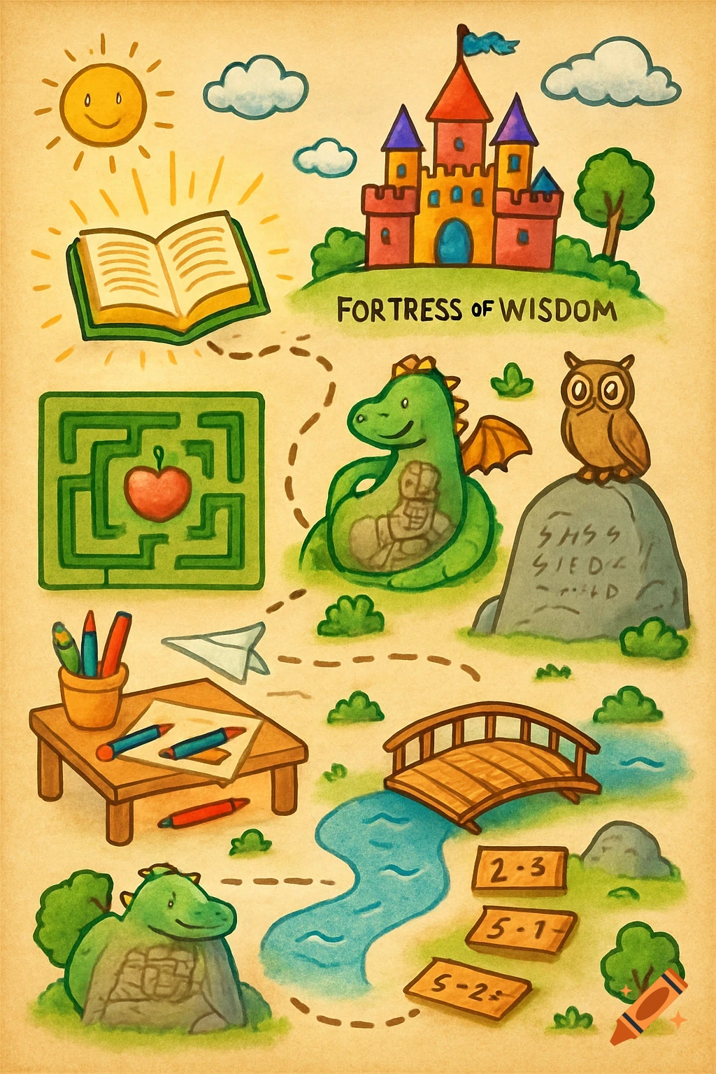 A cheerful, cartoon-style treasure map for children, featuring a 'Fortress of Wisdom' castle, a maze with an apple, a dragon, a desk with art supplies, a river with a bridge and math problems, and an owl on a rock, all on a path.