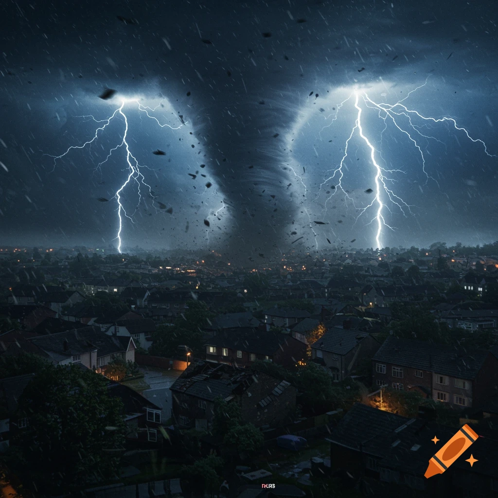A powerful tornado rips through a residential neighborhood at night, illuminated by multiple lightning strikes and flying debris.