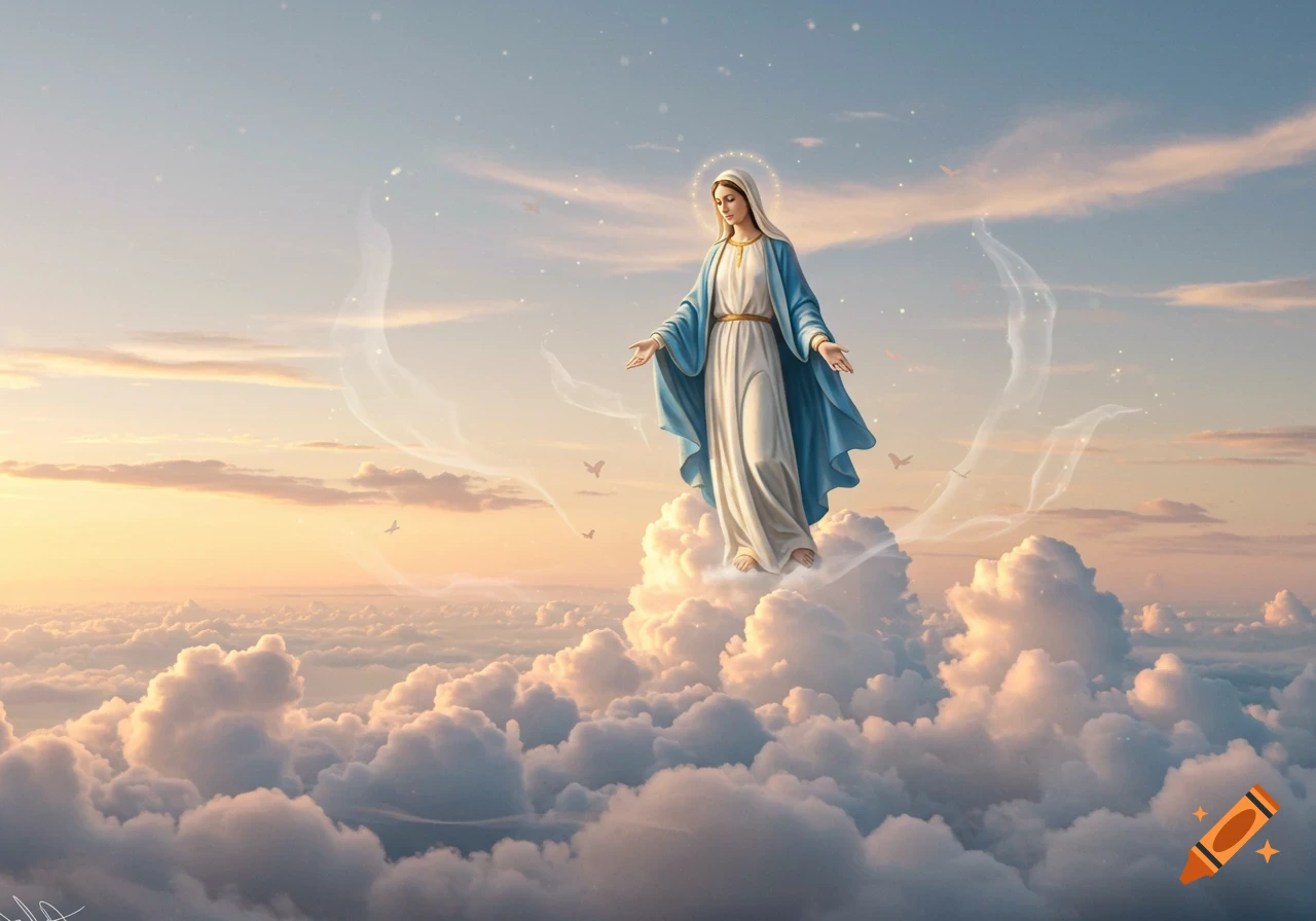 Mary, wearing blue and white robes, floats above fluffy clouds in a bright, celestial sky with a golden halo.