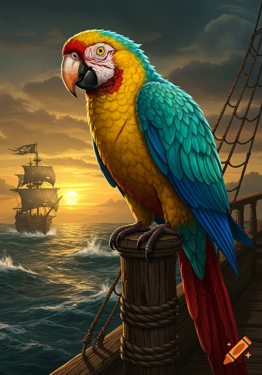 A vibrant yellow, aqua, and red parrot with a scar perched on a ship's railing, with a pirate ship sailing into the sunset on a choppy sea.