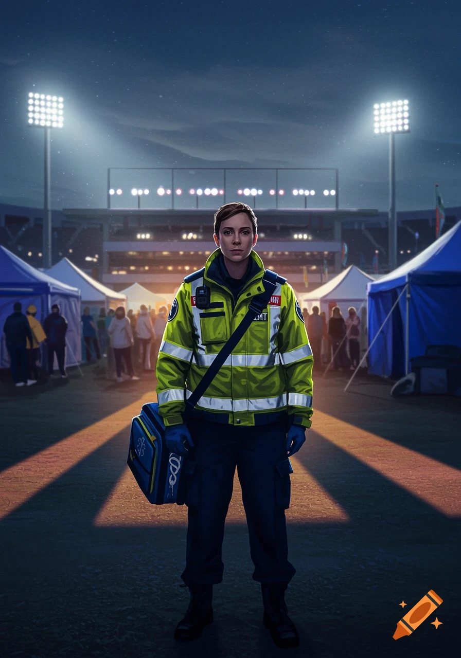 A female EMT stands at night in a stadium field with tents and crowds in the background, illuminated by stadium lights.