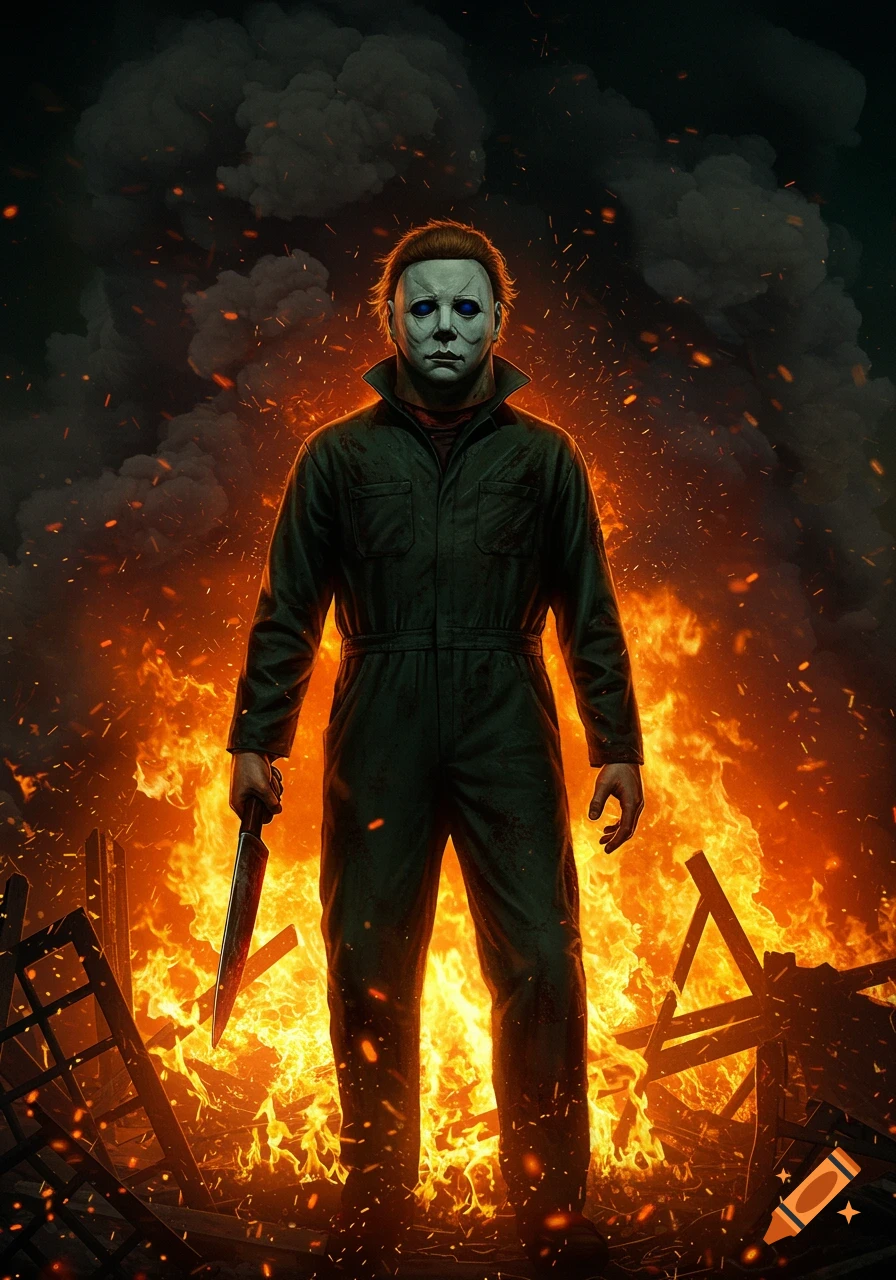 Michael Myers in a dark green boiler suit, holding a large knife, stands amidst a fiery explosion and smoke with burning debris around him.