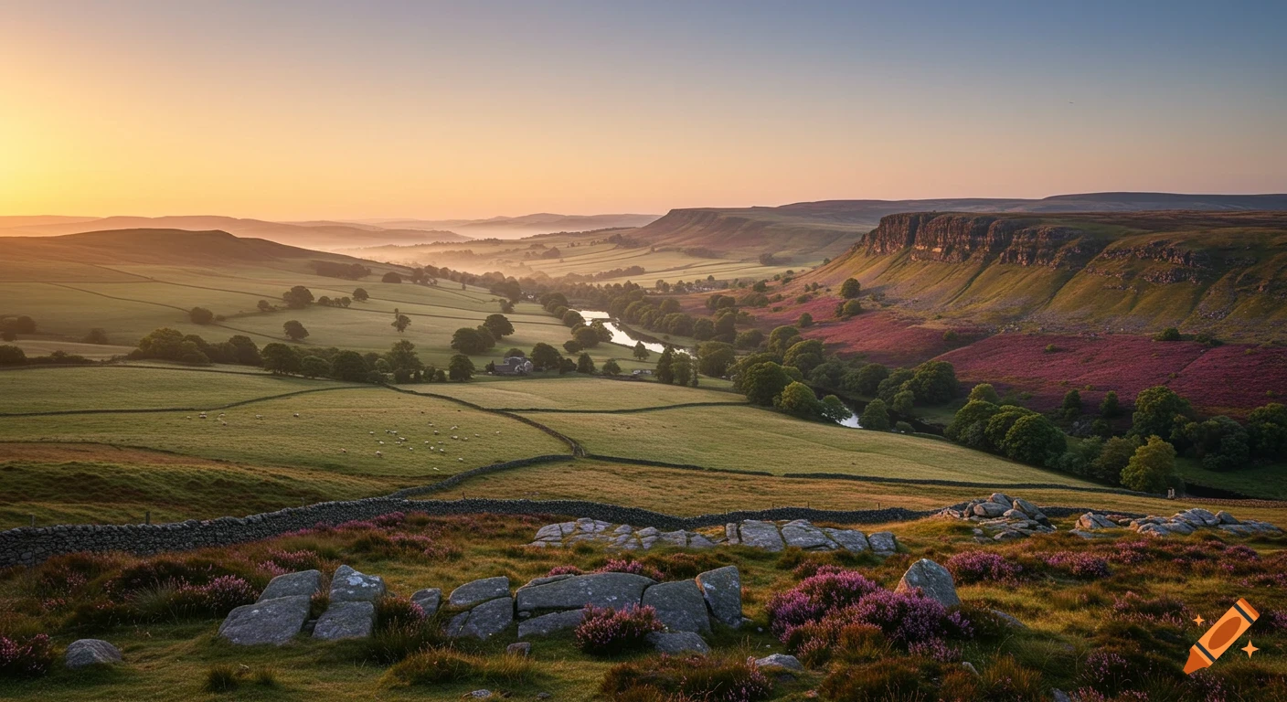 Photorealistic panorama of a valley with a river, green fields, purple heather, and distant hills under a sunrise sky.