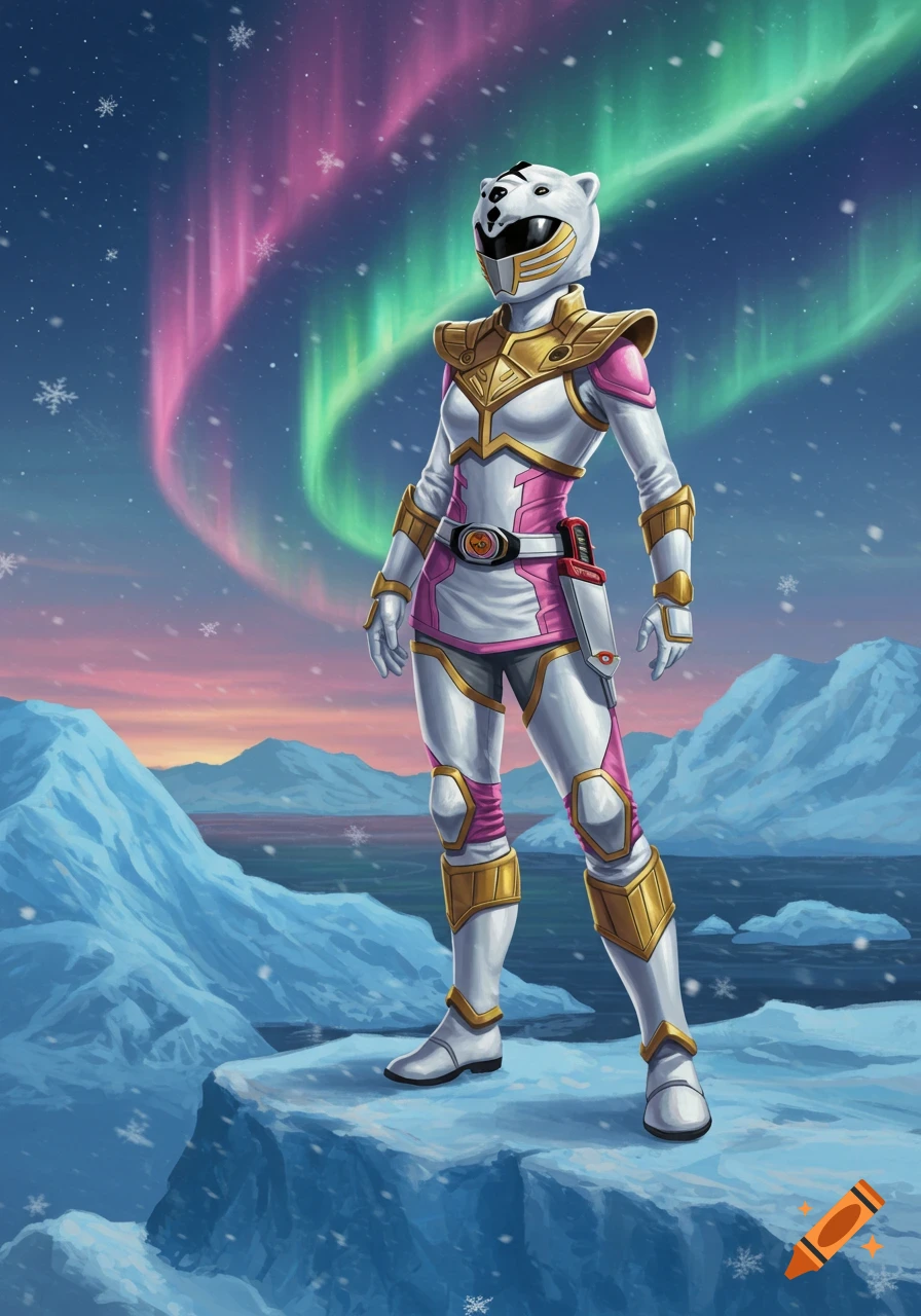 A female Power Ranger in a white, pink, and gold suit with a polar bear helmet stands in a snowy, icy landscape under a sky with pink and green aurora borealis.