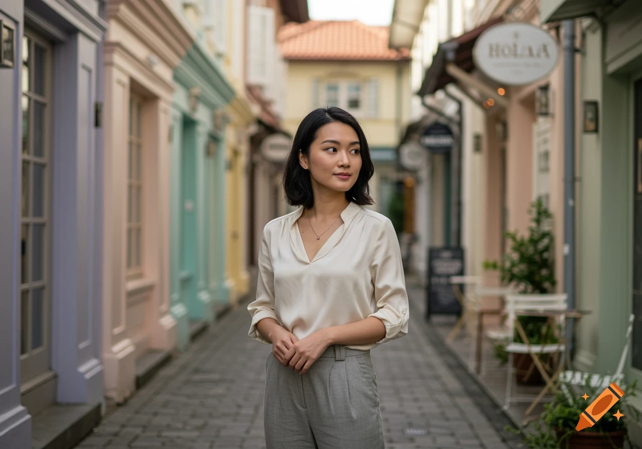 A young Asian woman with short hair stands in a colorful alleyway.