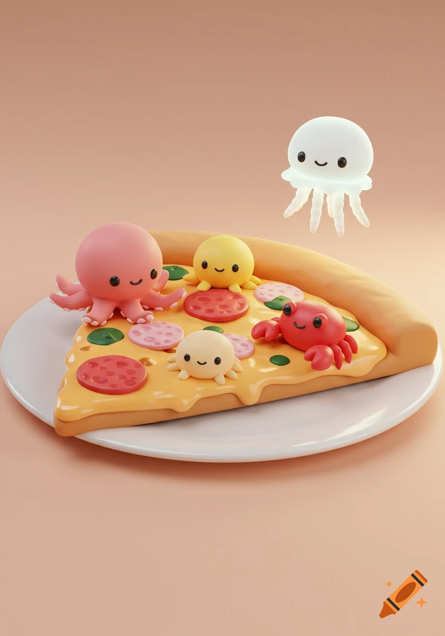 Cute 3D cartoon pizza slice topped with smiling pink, yellow, and beige octopuses, a red crab, and a floating white jellyfish.