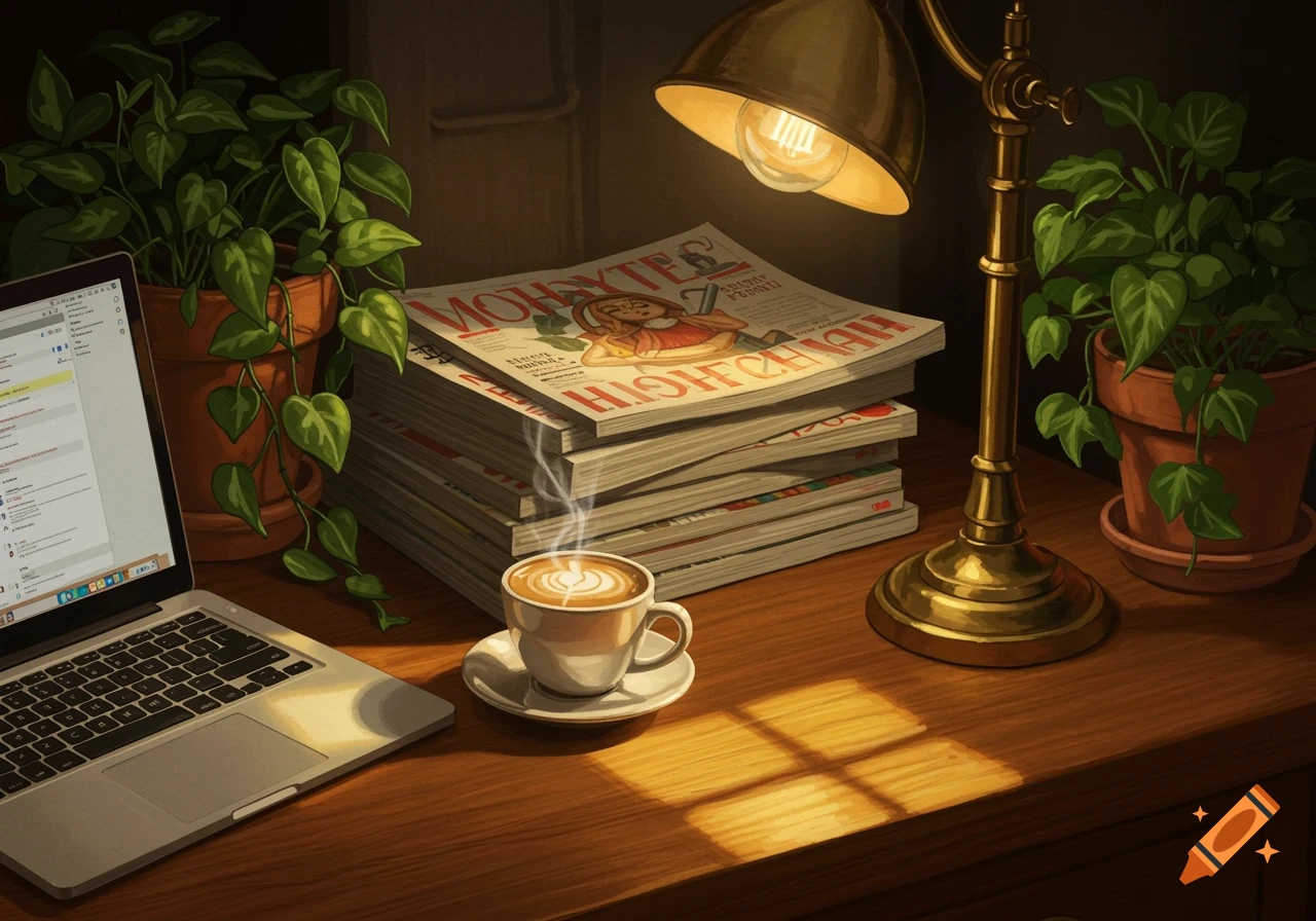 A desk with a laptop, steaming coffee, stacked magazines, potted plants, and a vintage brass lamp.