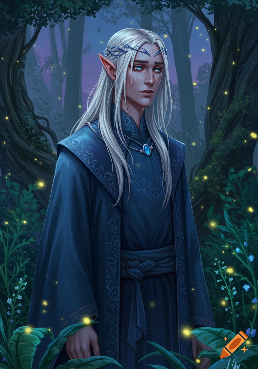 A digital painting of a sad young male elf with long white hair and blue eyes, wearing a dark blue robe, standing in a magical forest with glowing lights.