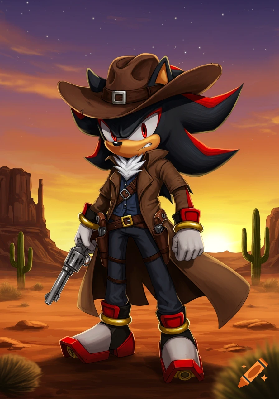 Shadow the Hedgehog in a cowboy hat and long coat, holding a revolver, stands in a desert landscape at sunset.