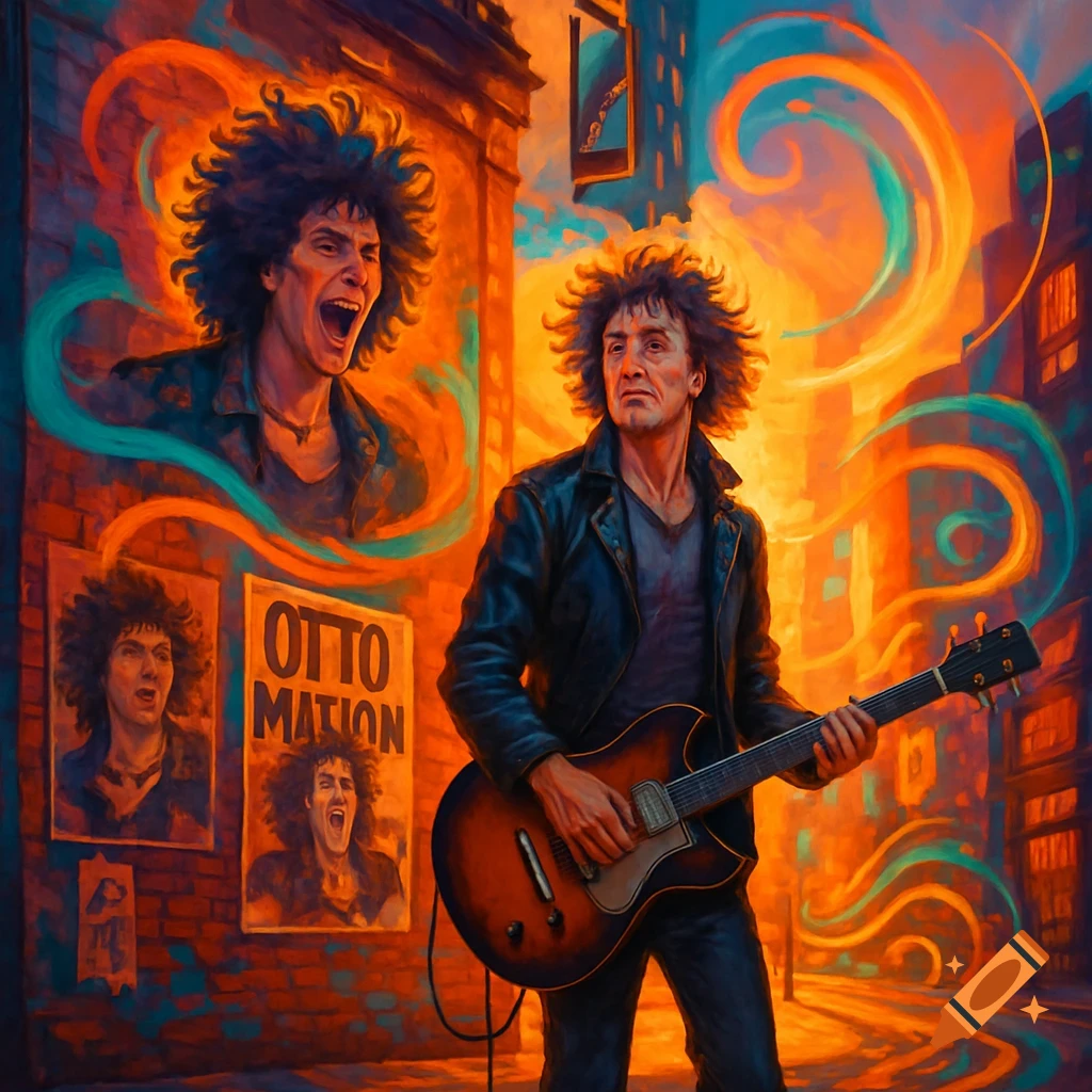 A man with wild hair and a leather jacket plays an electric guitar on a city street at sunset, with abstract colorful swirls and posters of him on a brick wall.