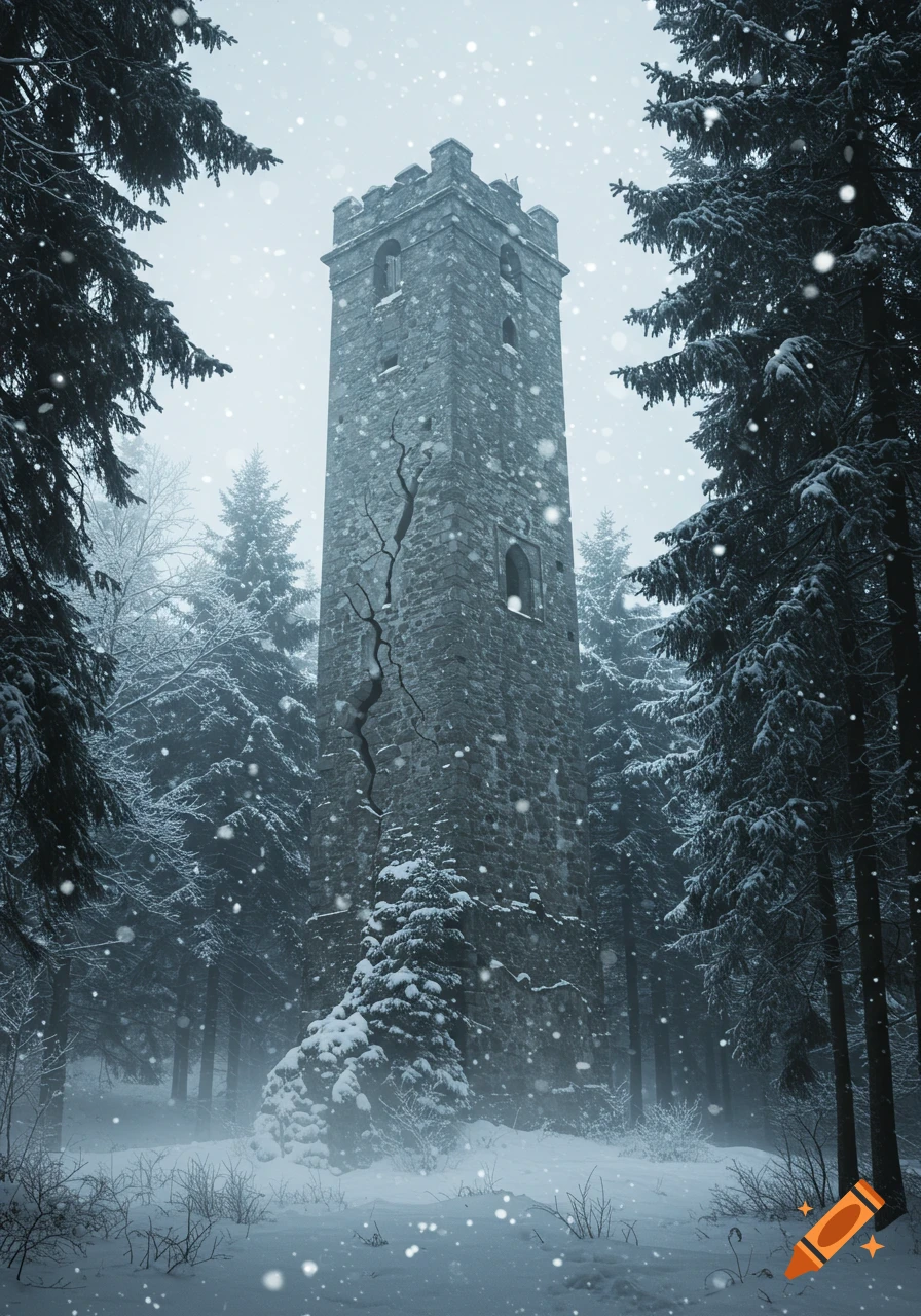 A tall, cracked stone tower stands amidst a snow-covered pine forest with falling snow, depicted in a gritty fantasy style.