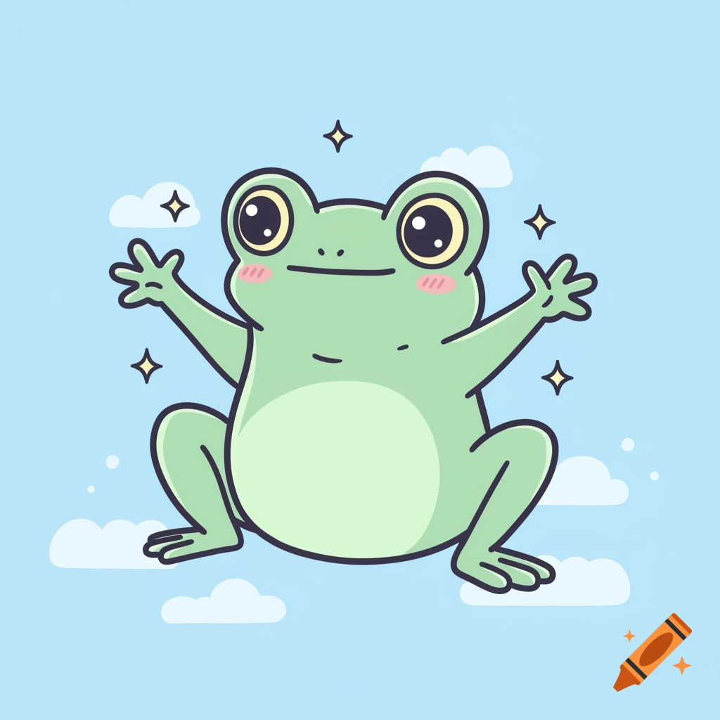 Cute kawaii cartoon frog with big eyes and blush, arms outstretched, on a light blue background with clouds and stars.
