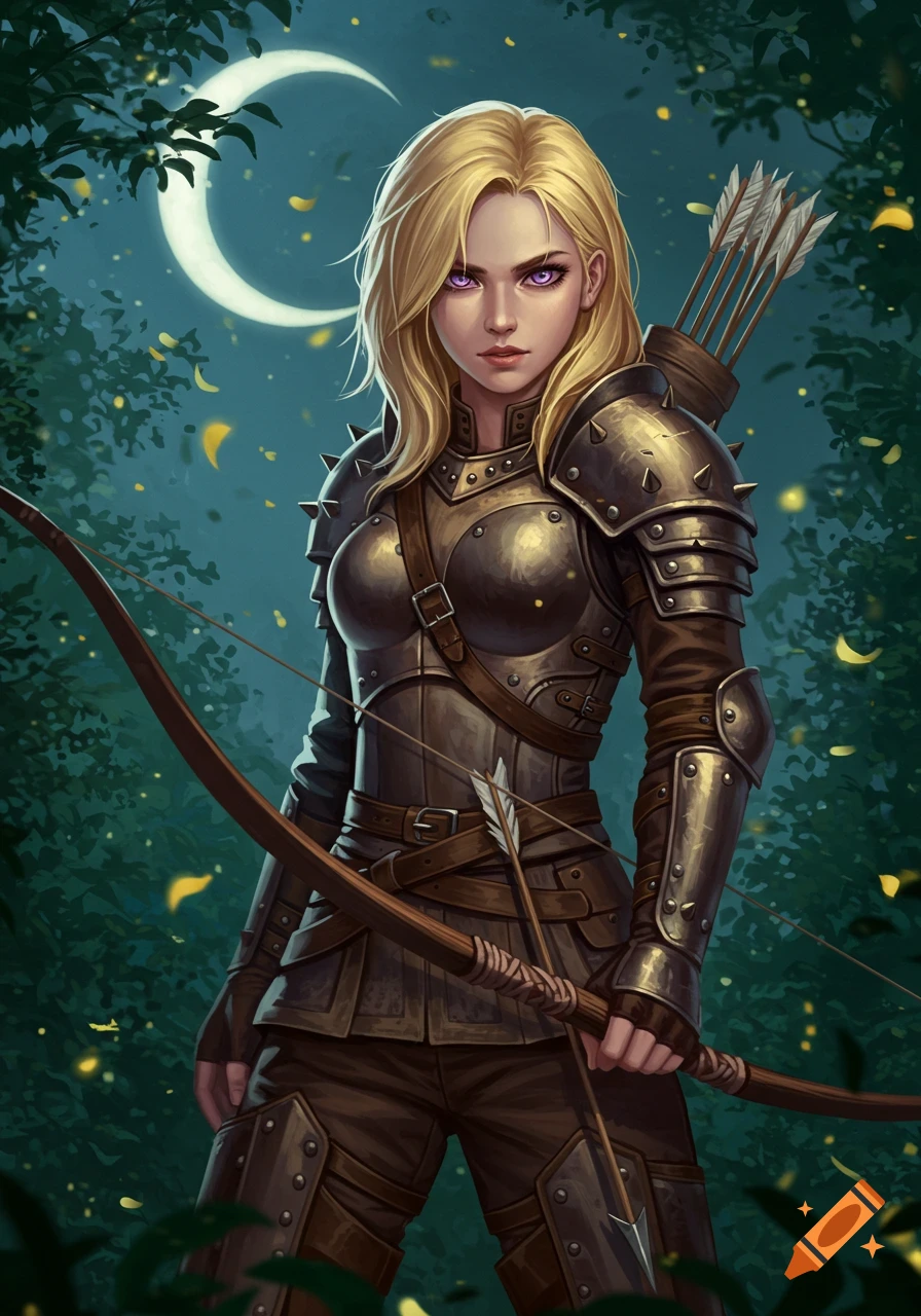 A young adult woman with blonde hair and purple eyes, wearing studded leather armor, holds a bow with arrows in a moonlit forest.