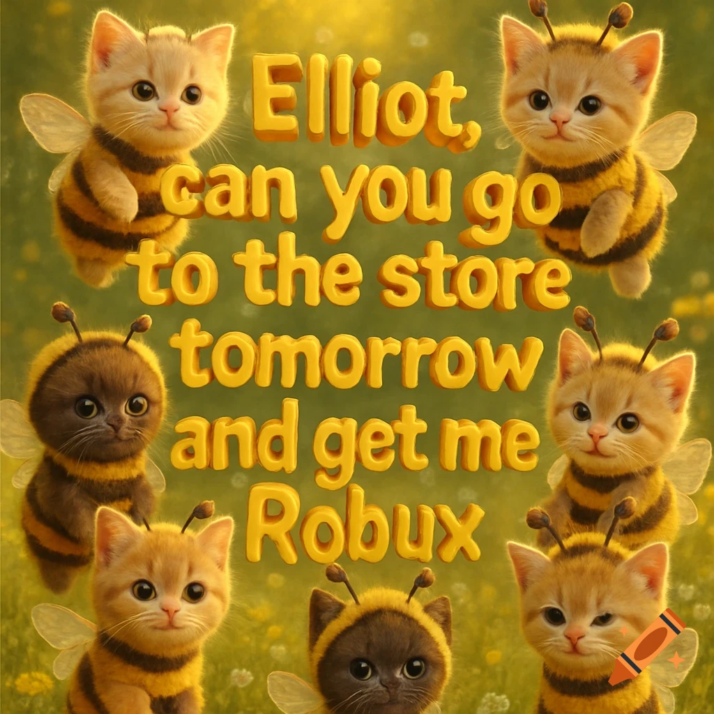 Cute baby kittens in bee costumes surround large 3D yellow text on a green, blurred background with yellow flowers.