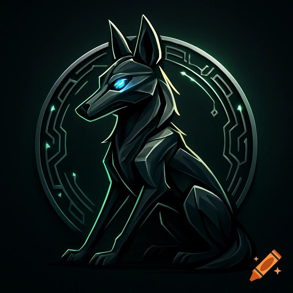 A stylized dark jackal with glowing blue eyes sits in front of a green circuit-like circular emblem, on a black background.