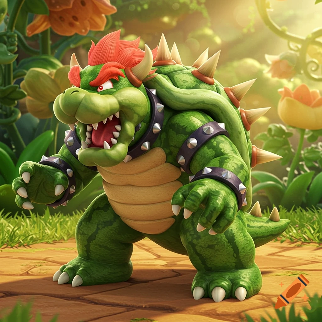 Cartoon Bowser, green with watermelon pattern skin, standing with an open mouth in a lush garden environment.