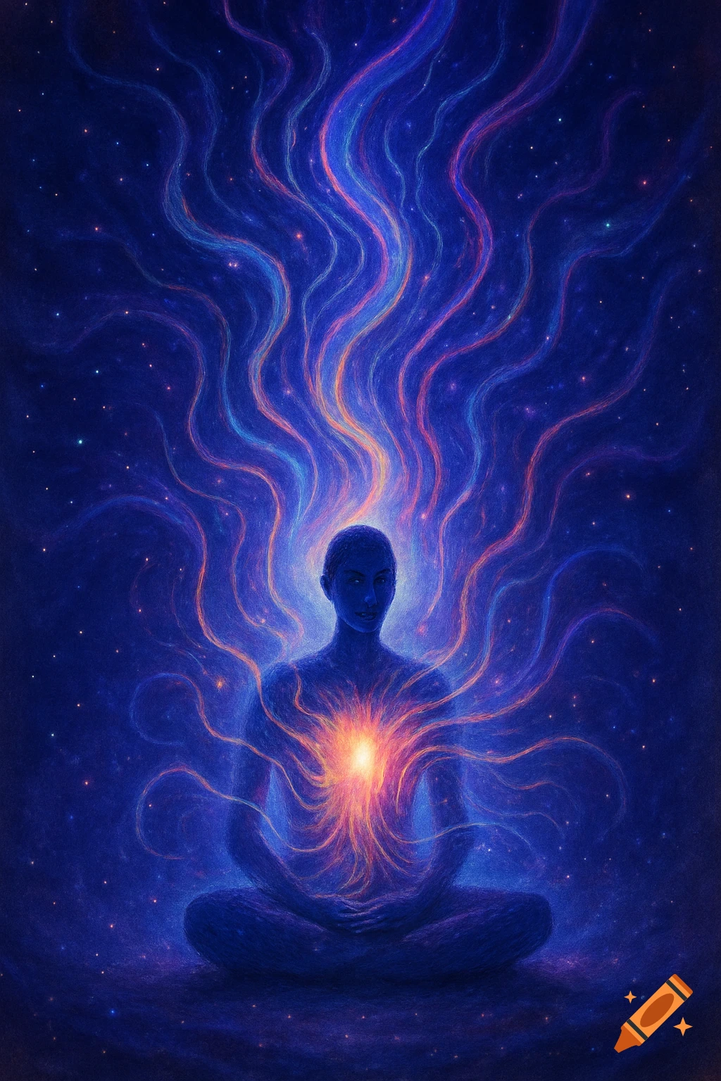 Meditating figure in silhouette with glowing orange energy from chest and head against a dark blue cosmic background with stars and swirling light trails.
