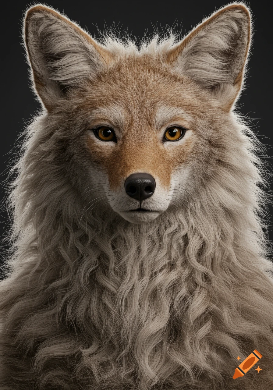 Close-up photorealistic portrait of a coyote with light brown and beige fur, orange eyes, and a dark background.