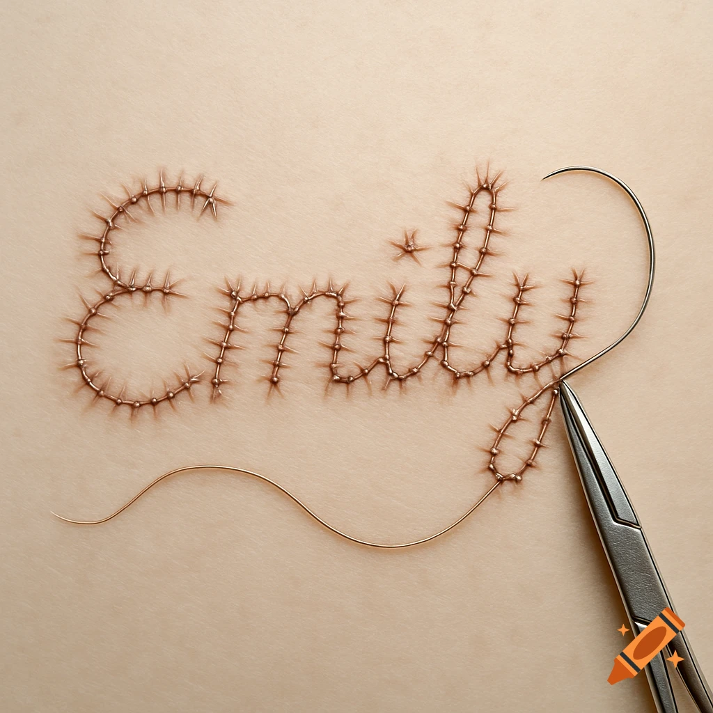 A close-up shot of the name "Emily" formed by surgical stitches on light-toned skin, with a curved suture needle and forceps at the end.