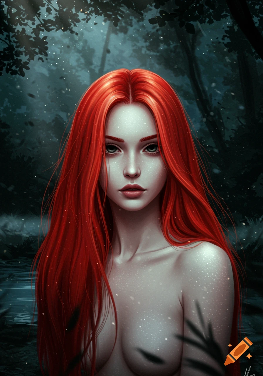 Digital painting of a pale-skinned woman with long, flowing red hair and dark eyes, partially nude, in a dark, mystical forest setting with dappled light.