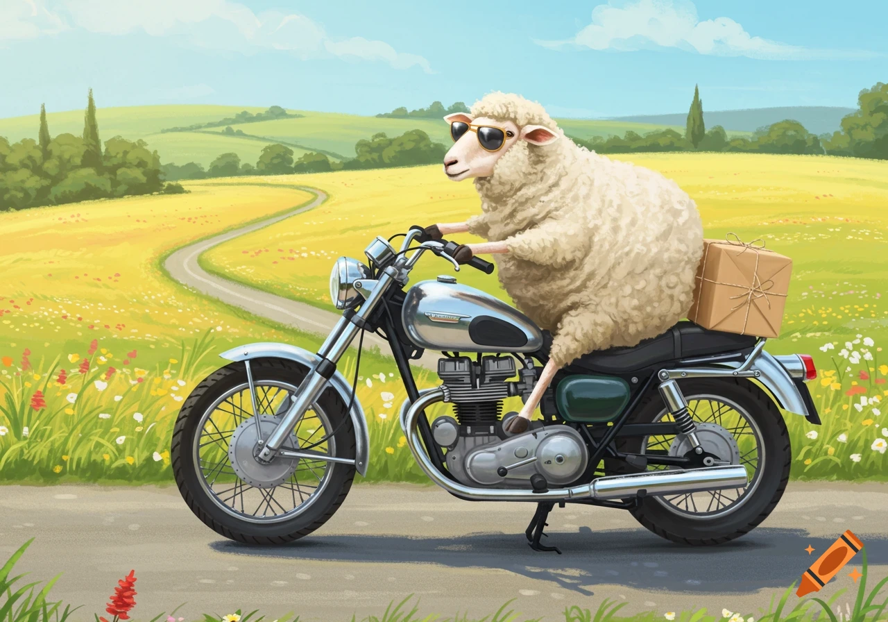 A cartoon sheep wearing sunglasses rides a motorcycle with a package on a winding road through a sunny, green and yellow countryside.