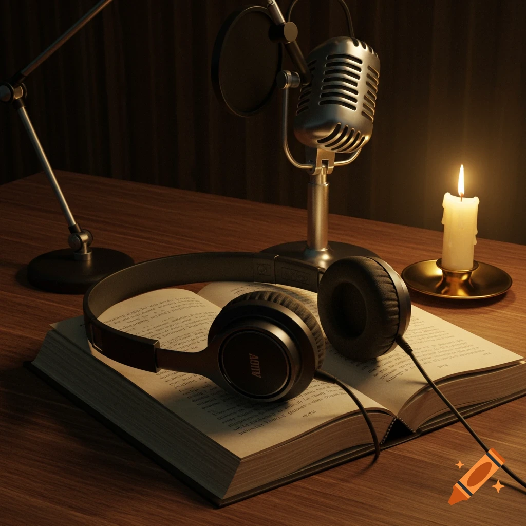 A retro microphone, headphones, and an open book on a wooden desk illuminated by a candle, creating a cozy atmosphere.