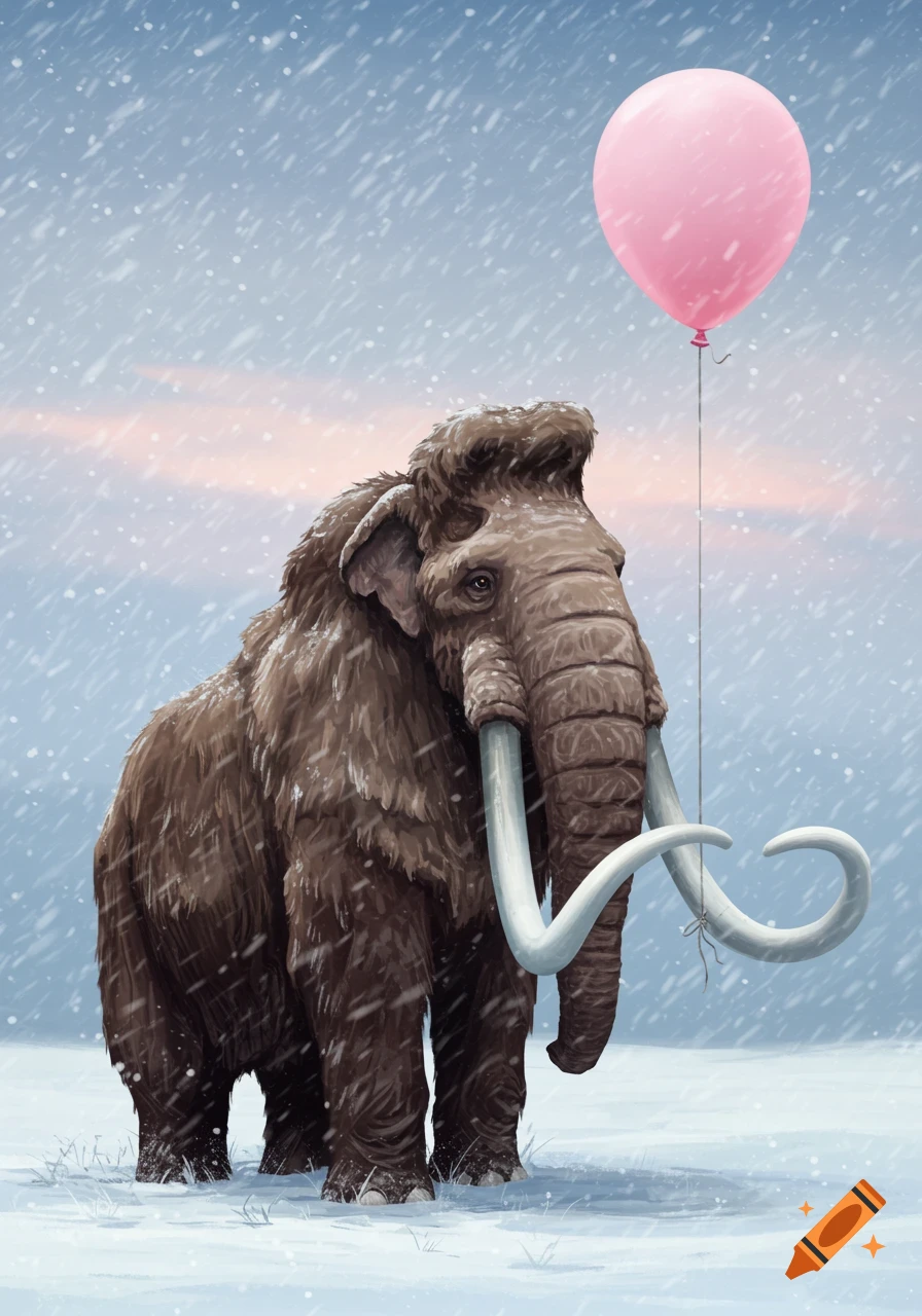 A brown woolly mammoth stands in a snowy landscape, holding a pink balloon by its tusk. An illustration with a light blue sky.