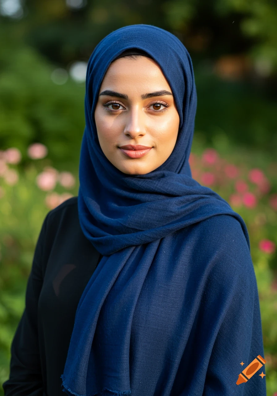 A photorealistic portrait of a young woman wearing a dark blue hijab, with a blurred outdoor background of green foliage and pink flowers.