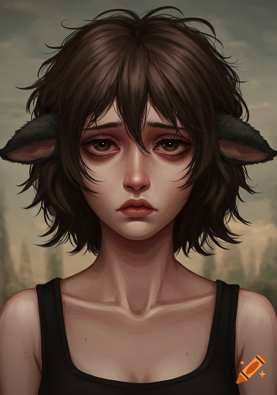 An anime portrait of a tired woman with short dark brown hair, red-rimmed eyes, and black sheep ears, wearing a black tank top.