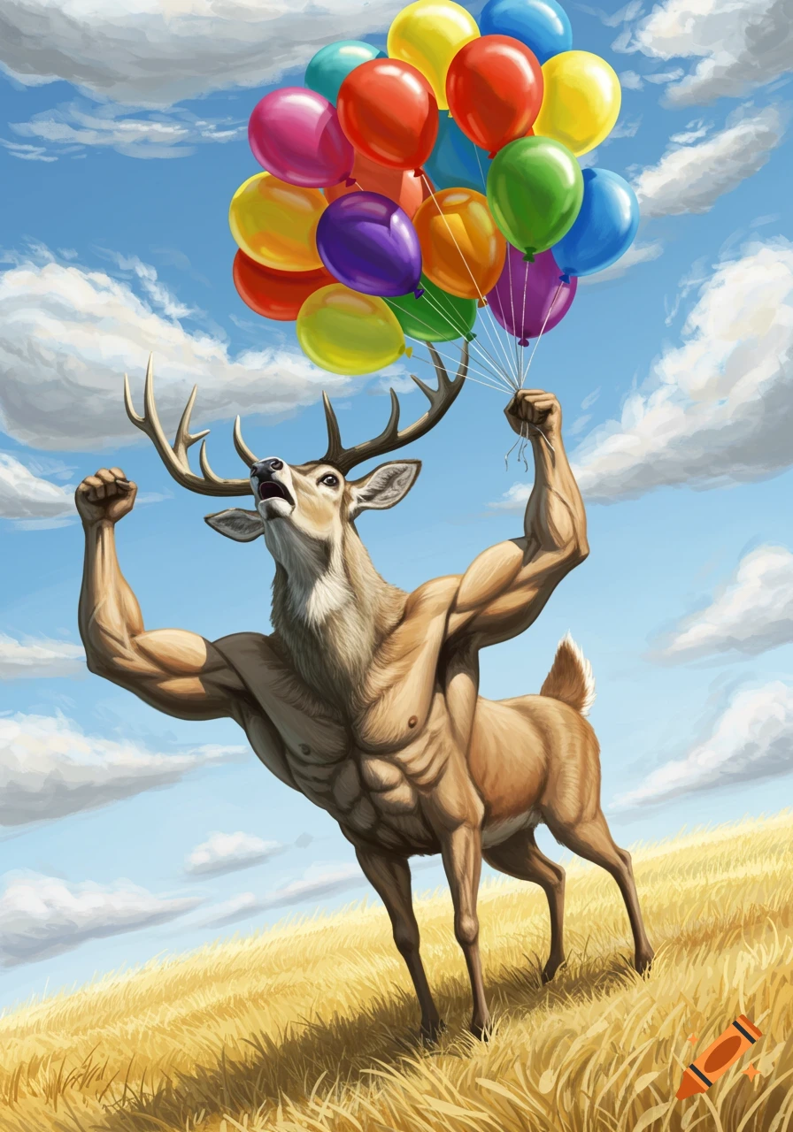 A muscular deer with tiny legs holds a large bunch of colorful balloons, screaming as it prepares to fly up from a grassy hill.
