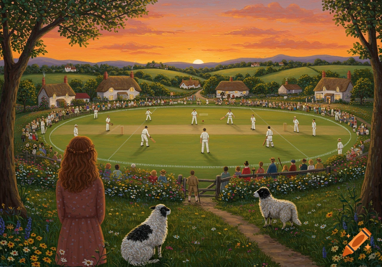A colorful folk-art painting depicts a village cricket match at sunset, with players on a green field and spectators around the boundary. In the foreground, a woman and two sheep observe the game amidst flowers.