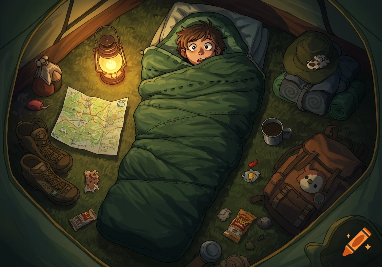 An illustrated overhead view of a child in a green sleeping bag inside a tent, surrounded by camping gear and lit by a lantern.