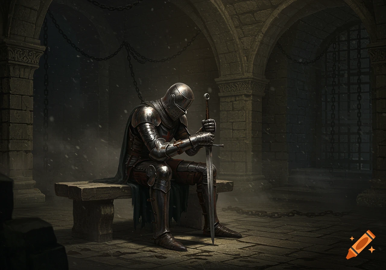 A medieval knight in full dark armor sits on a stone bench in a dimly lit dungeon, holding a sword.