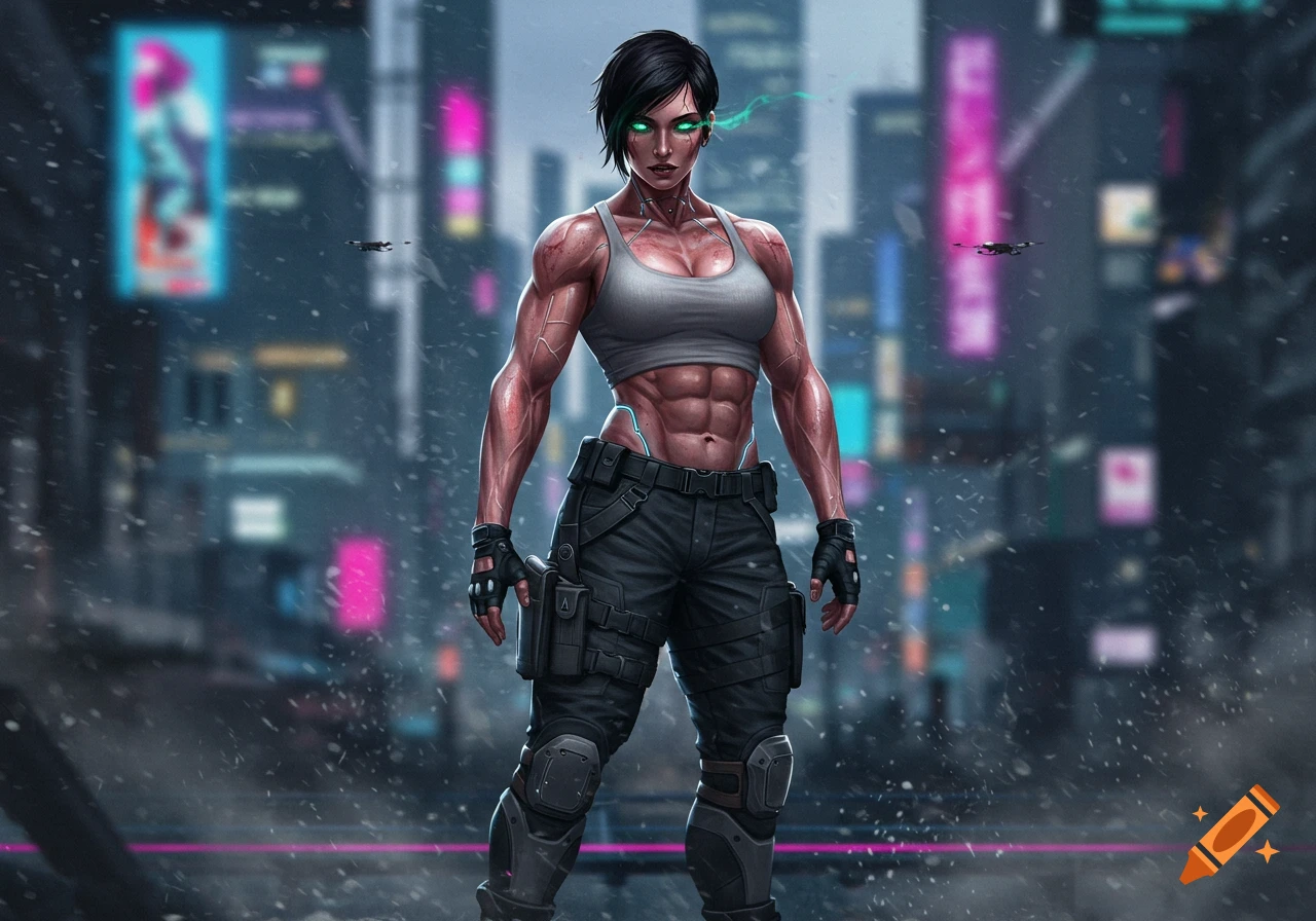 A muscular female soldier with green eyes and short black hair stands in a snowy cyberpunk city with neon lights.