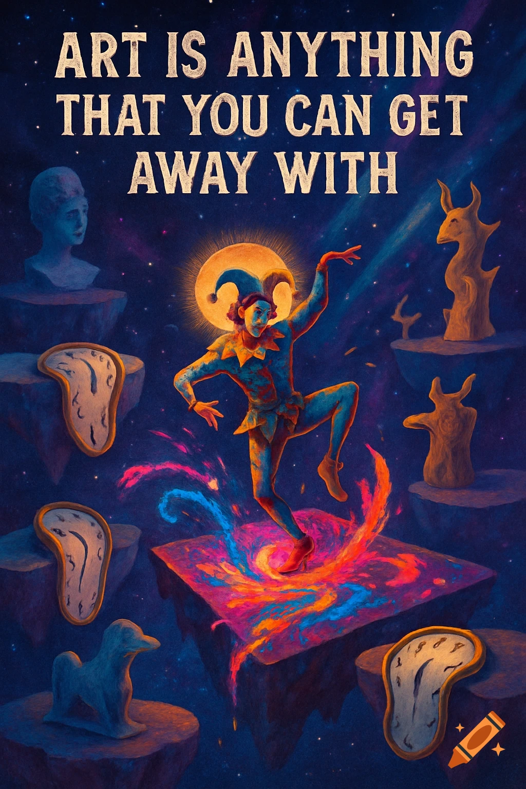 A jester dances on a floating platform in a surreal, cosmic landscape with melting clocks and sculptures. Text reads: "ART IS ANYTHING THAT YOU CAN GET AWAY WITH."