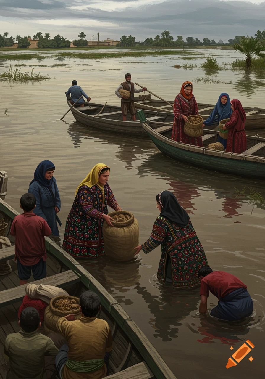 People in traditional clothing in boats and wading in floodwaters, exchanging goods in a rural Middle Eastern landscape under a cloudy sky.