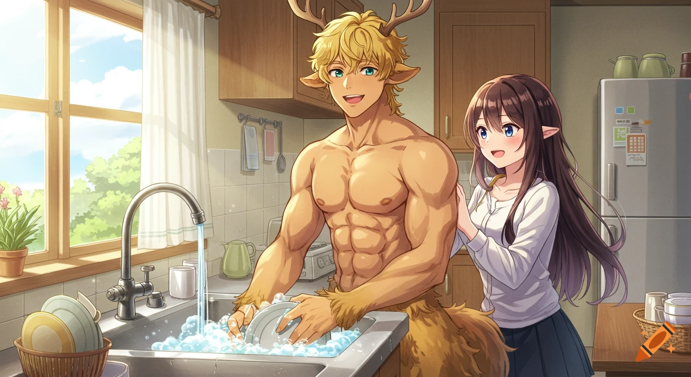 A smiling blonde satyr with antlers washes dishes in a bright kitchen while a brown-haired elf girl stands beside him. Anime style.