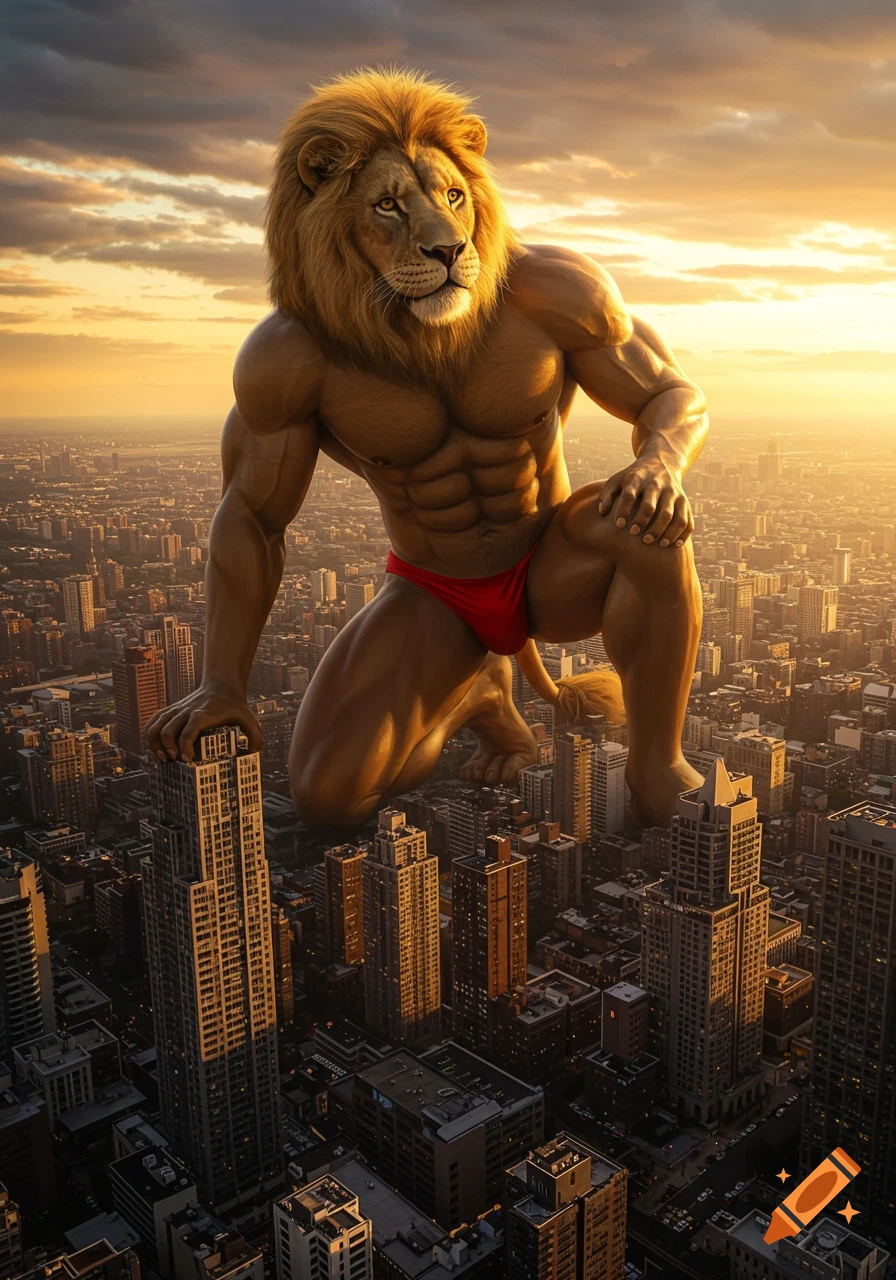 A photorealistic gigantic anthropomorphic lion in a red speedo kneels over a tiny city, dwarfing skyscrapers under a golden sky.
